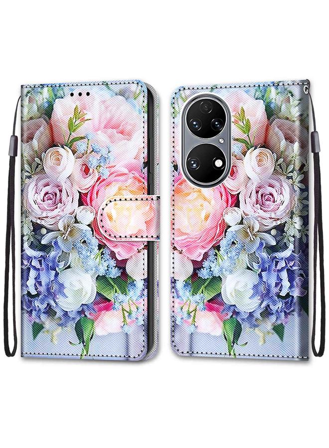 Zaboon Case For Huawei P50 Coloured Drawing Cross Texture Horizontal Flip PU Leather Case with Holder & Card Slots & Wallet & Lanyard - Image 2