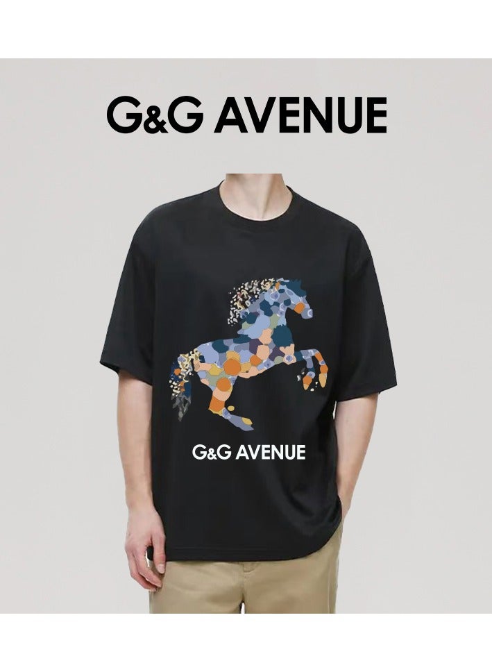 G&G AVENUE Heavy cotton fabric Men's Sports Style Pure Cotton Thick Oversized Round Neck T-shirt Black New Trend Colored Horse Pattern Casual Style (One Piece)  - Image 4