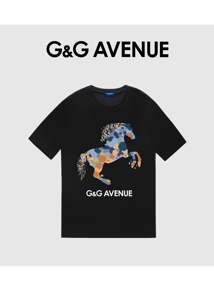 G&G AVENUE Heavy cotton fabric Men's Sports Style Pure Cotton Thick Oversized Round Neck T-shirt Black New Trend Colored Horse Pattern Casual Style (One Piece)  - Image 2
