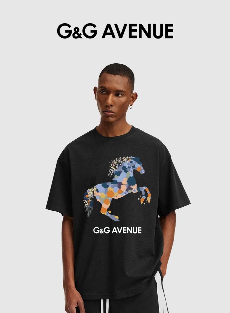 G&G AVENUE Heavy cotton fabric Men's Sports Style Pure Cotton Thick Oversized Round Neck T-shirt Black New Trend Colored Horse Pattern Casual Style (One Piece)  - Image 1