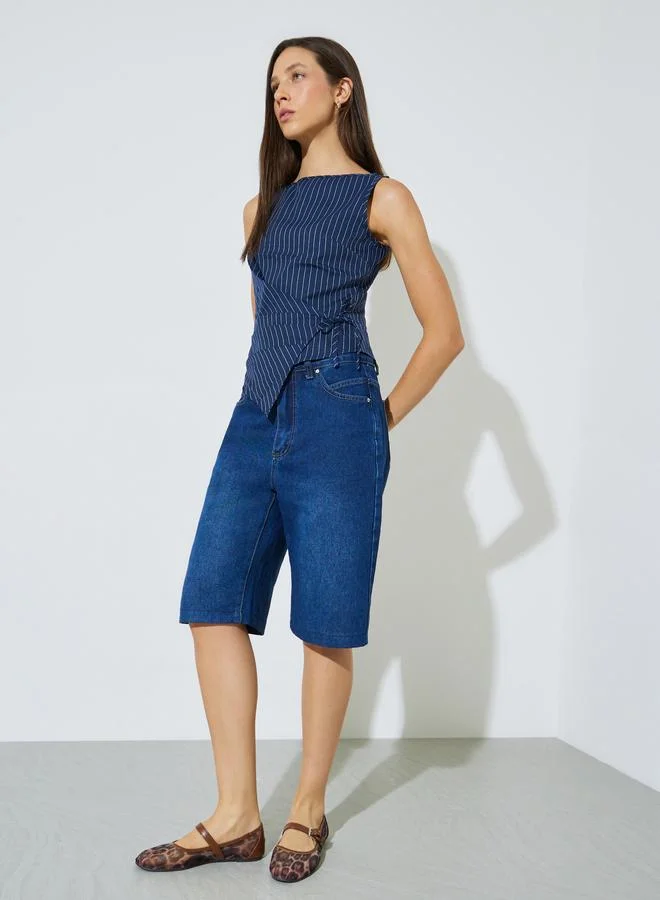 Styli Navy Blue Pinstripe Sleeveless Wrap Top