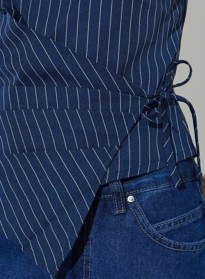 Styli Navy Blue Navy Blue Pinstripe Sleeveless Wrap Top for Women | Best Price UAE