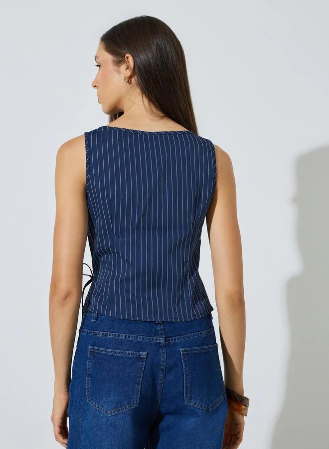 Styli Navy Blue Navy Blue Pinstripe Sleeveless Wrap Top for Women | Best Price UAE