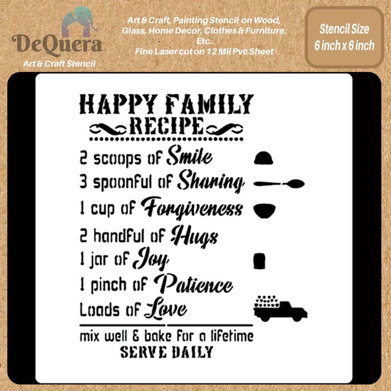 DeQuera Family Quotes Stencils for Craft and Art Happy Family Stencil Kitchen Quotes Stencil for Wall Painting Home Quotes Stencils for Painting on Canvas Size 6 x 6 Inch Pack of 1 DQL1049