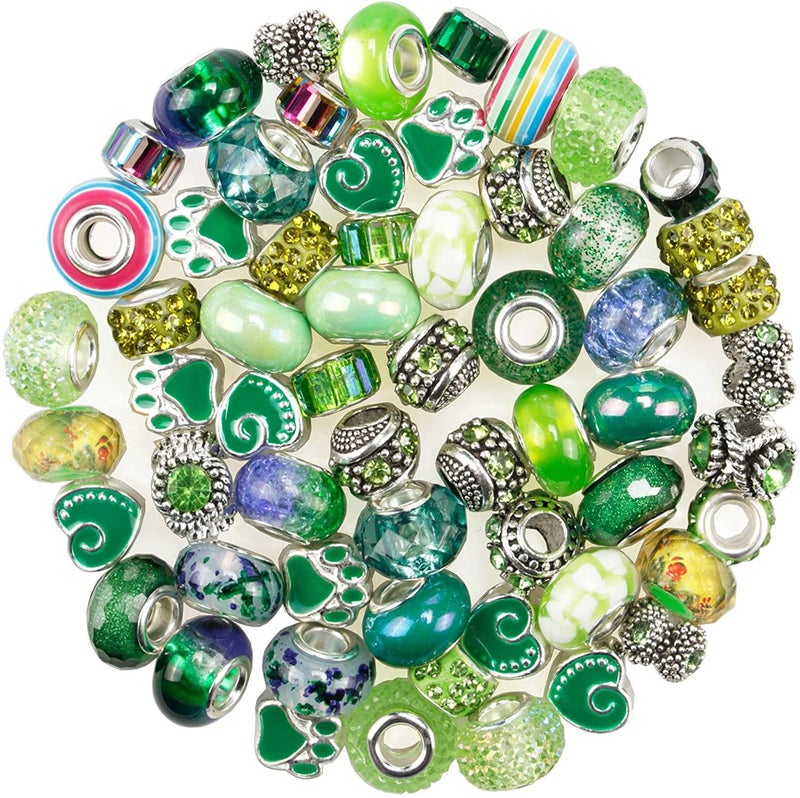 60 Pieces Assorted European Beads with Copper Core Big Hole Resin Spacer No Copper Core Lampwork Colorful Beads Rhinestone Craft Beads for DIY Charm Bracelet Jewelry Making Emerald