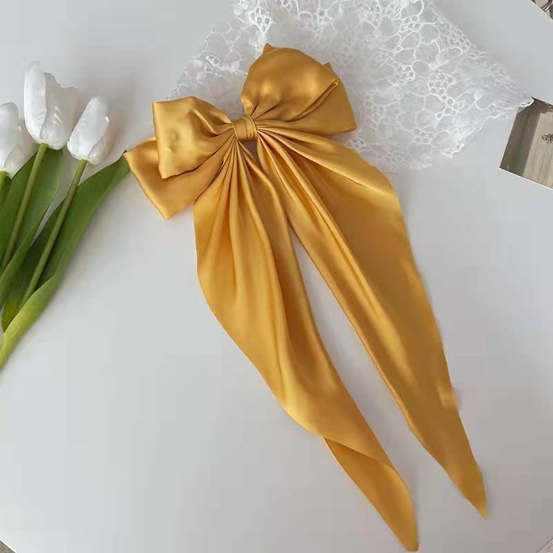 Ash  Roh Ash & Roh® Big Satin Layered Hair Bows for Women Girls 8 Inch Barrette Hair Clip Long Black Ribbon Bows French Style Hair Accessories (Yellow) - Image 4