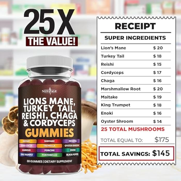 NEW AGE Mushroom Lion's Mane Supplement Gummies - Comprehensive Mushroom Supplement with Reishi, Cordyceps - 180 Count - Image 4