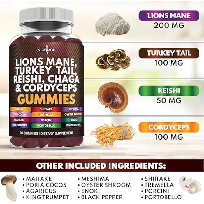 NEW AGE Mushroom Lion's Mane Supplement Gummies - Comprehensive Mushroom Supplement with Reishi, Cordyceps - 180 Count - Image 2