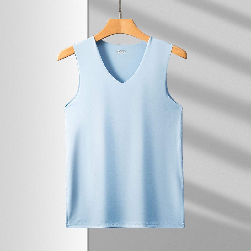 Mens Seamless Vest Sleeveless V-Neck Free-Cut Ice Silk Tight-Fit Sports Hurdle Super Elastic Summer Slim Lake Blue.-V-neck  - Image 1