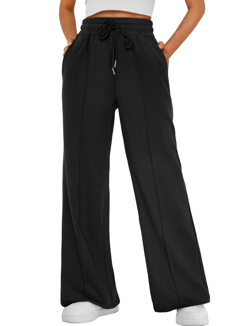 FSVABY Womens Baggy Wide Leg Athletic Track Sweatpants High Waisted Drawstring Workout Joggers with Pockets (Black, Medium) - Image 1