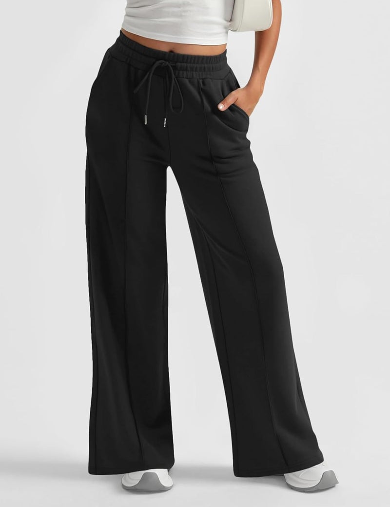 FSVABY Womens Baggy Wide Leg Athletic Track Sweatpants High Waisted Drawstring Workout Joggers with Pockets (Black, Medium) - Image 2