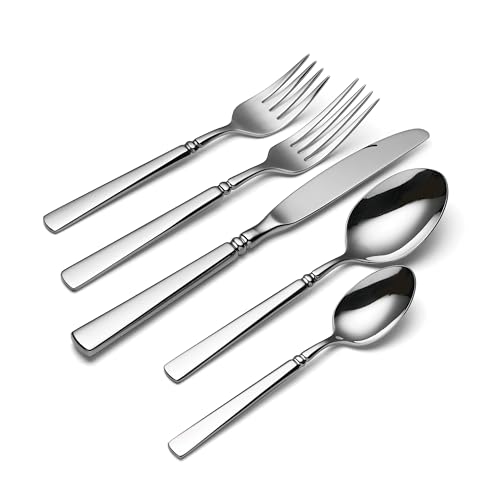 ONEIDA طقم أدوات مائدة أونيدا، إيستون 5 قطع إعداد طاولة فاخر، خدمة لشخص واحد، آمن في غسالة الصحون، فولاذ مقاوم للصدأ 18/10، سكاكين وملاعق وشوك، مجموعة أدوات منزلية ومطبخية (فضي، 5 قطع) - Image 2