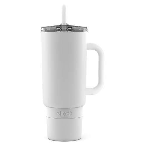 Ello Port 40oz Tumbler with Carry Loop & Integrated Handle, Vacuum Insulated Stainless Steel Reusable Water Bottle, Travel Mug with Leak Proof Lid & Straw, Perfect for Iced Coffee & Tea, White - Image 1