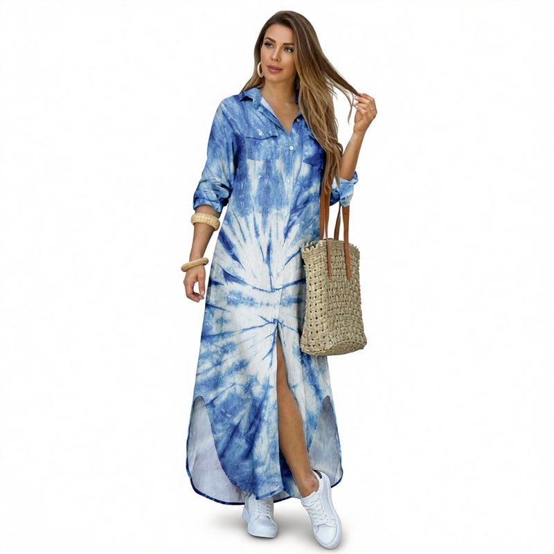 Women's Long Shirt Dress with Turn-Down Collar Loose Fit Tie-Dye Print - Image 1