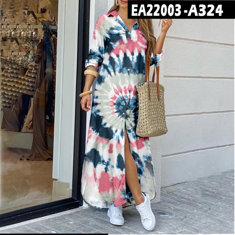 Women's Long Shirt Dress with Turn-Down Collar Loose Fit Tie-Dye Print - Image 2