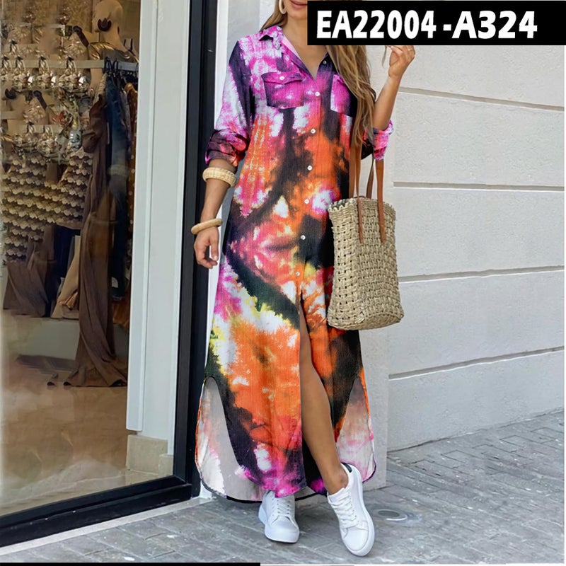 Women's Long Shirt Dress with Turn-Down Collar Loose Fit Tie-Dye Print - Image 3