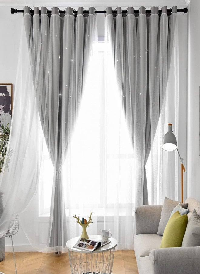 Loyala Star Curtains Double Layer Curtains Blackout Curtains for Bedroom Kids Curtains Cute Curtains, Curtains 63 Inches Long 2 Panels Set, Grey Curtains, 42 X 63 Inches - Image 2