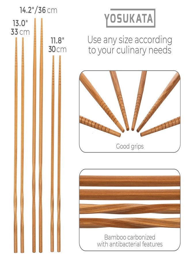 YOSUKATA Reusable Natural Wooden Long Cooking Chopsticks Set of 3 pairs: 11.8 inch, 13-inch, 14.2 inch Brown Long Wok Wooden Chopsticks Reusable - Image 2
