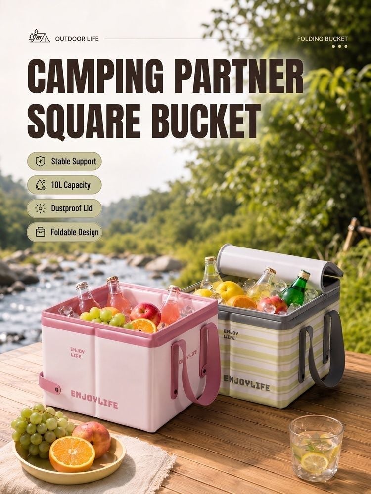 🏕️ دلو ثلج قابل للطي سعة 10 لترات للمخيمات الخارجية مع غطاء 🧊 براد محمول قابل للطي ودلو مياه مناسب للنزهات، والرحلات البرية، وصيد الأسماك، والشاطئ 🌊 - Image 2