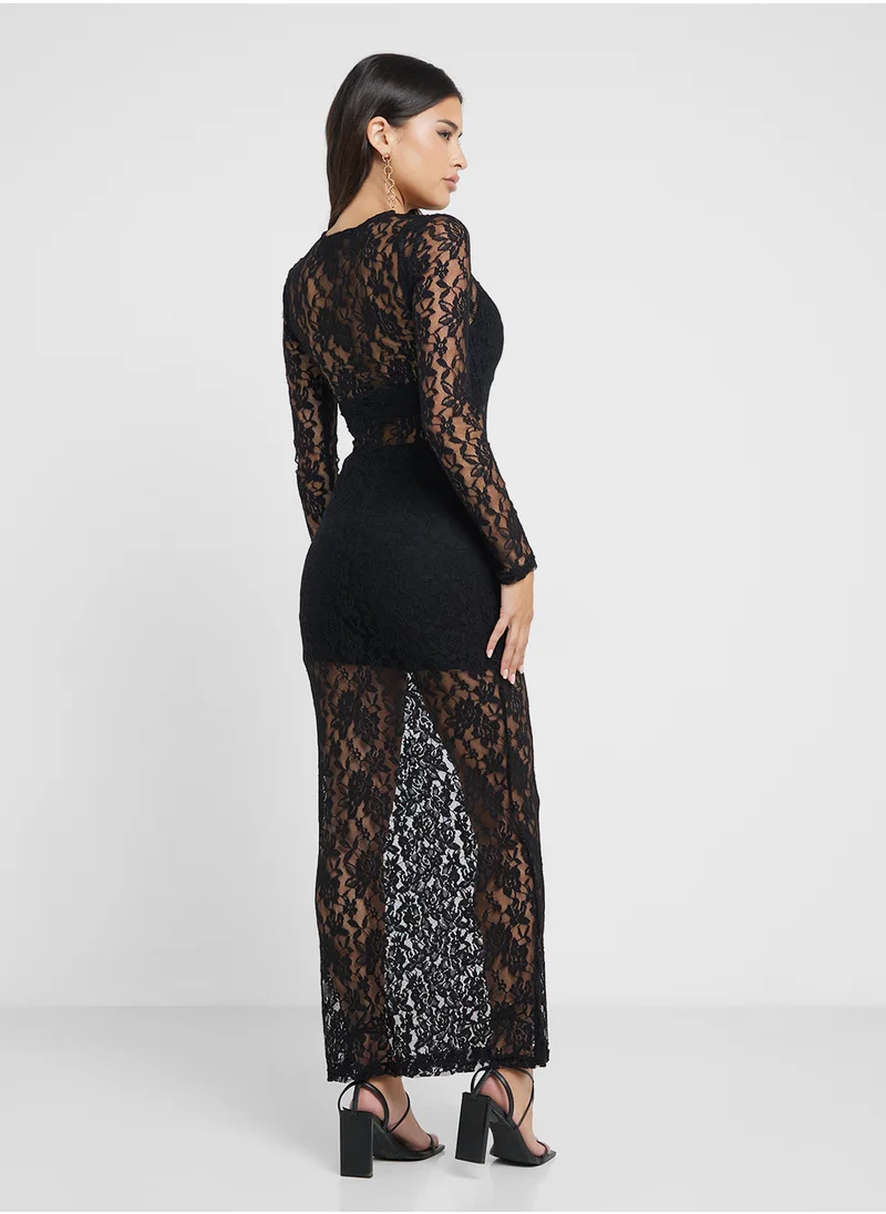 جينجر Lace Sheer Bodycon Dress