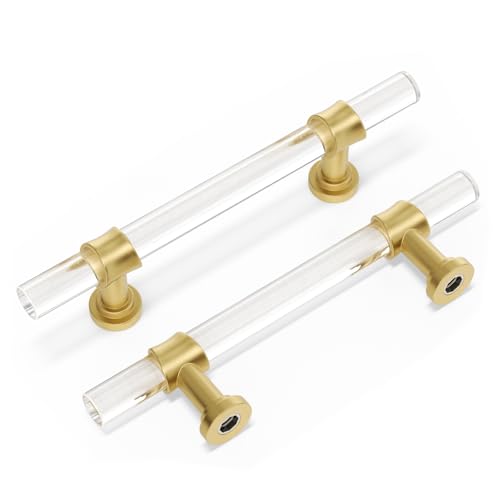 Peaha 10 Pack 3-1/2 Inch Acrylic Cabinet Pulls Gold Drawer Handles Brushed Brass Hardware Zinc Alloy for Dresser Cupboard Kitchen - Image 1