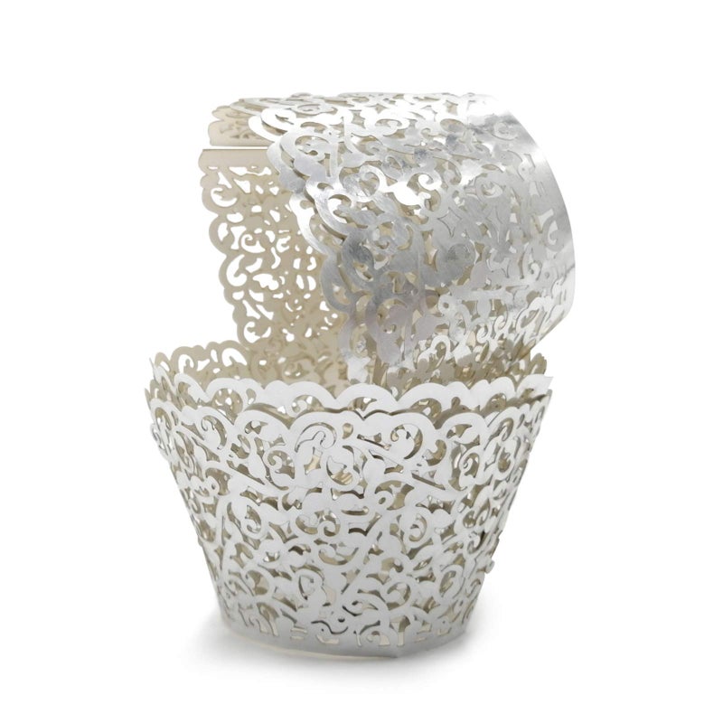 Golf GOLF 100Pcs Cupcake Wrappers Artistic Bake Cake Paper Filigree Little Vine Lace Laser Cut Liner Baking Cup Wraps Muffin CaseTrays for Wedding Party Birthday Decoration Silver