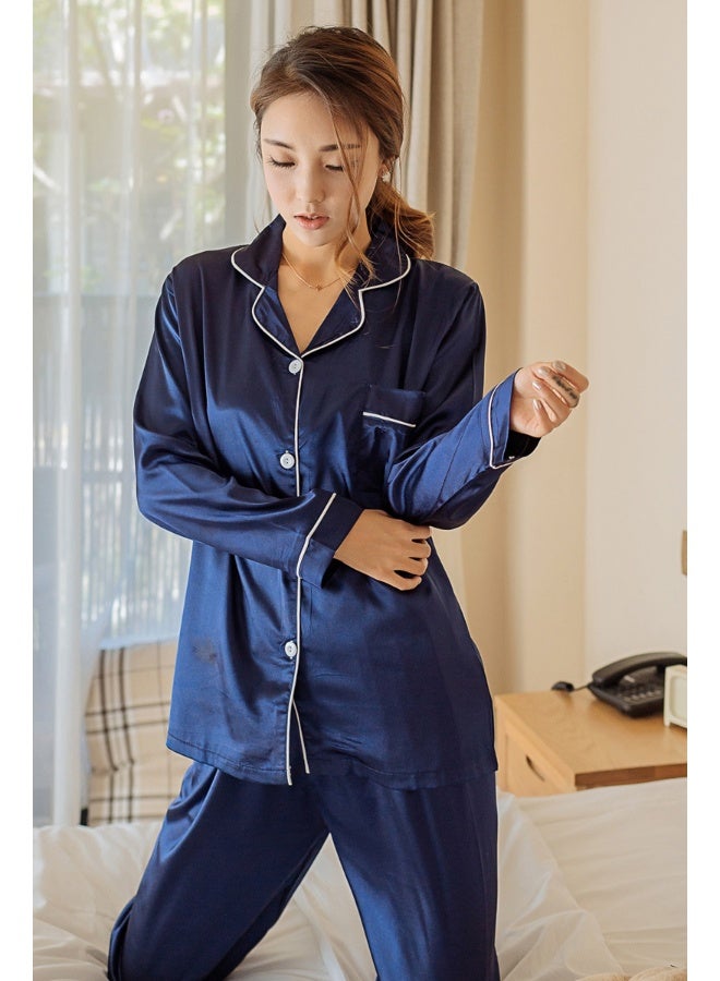 2025 Autumn Korean Style Women's Blue Silk Long Sleeve Pajama Set with Cardigan and Long Pants - Casual Fashion Sleepwear