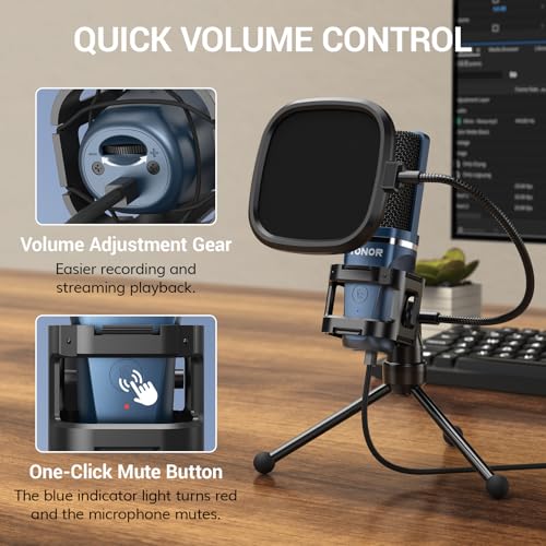 TONOR ميكروفون بودكاست TONOR TC-777، ميكروفون كمبيوتر USB، ميكروفون مكثف كارديويد مع حامل ثلاثي وفلتر صوتي للبودكاست، البث المباشر، تسجيل الصوت، متوافق مع الكمبيوتر المحمول و PS4/5 - Image 3