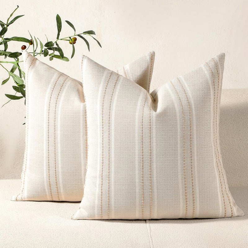Hckot Hand Made Throw Pillow Covers 22x22 Set of 2 Striped Pillow Covers Linen Decorative Pillows Square Cushion Covers for Sofa Couch Bed Living Room Farmhouse Decor, Khaki - Image 1