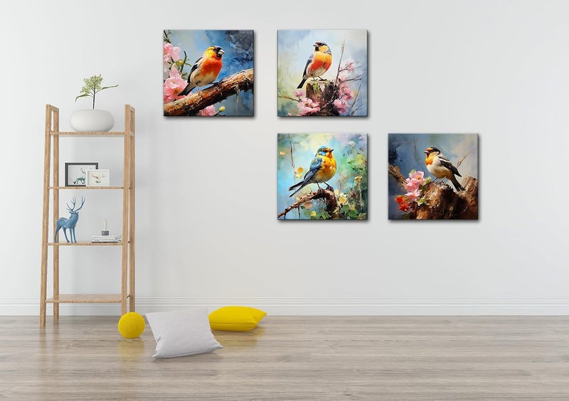 OKEXCKK Canvas Wall Art Paintings of Colorful Birds Sitting on Tree Branch With Flowers for Bedroom Modern Wall Decor Picture Framed Artwork Prints Paintings for Bathroom Kitchen Decorations 12"x12"x4 Pieces - Image 2