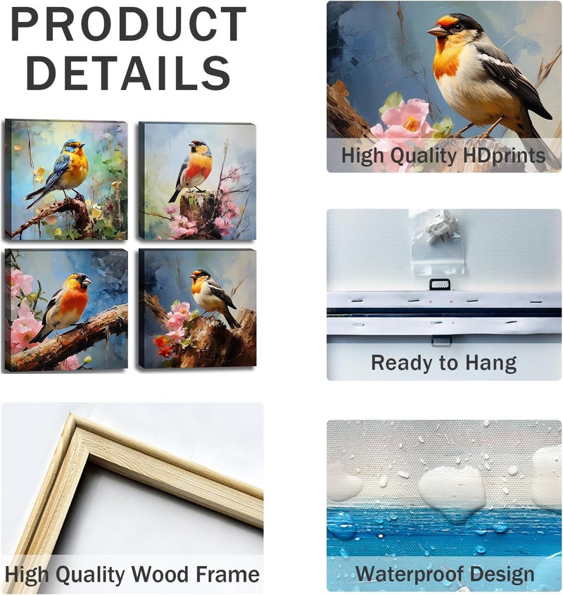 OKEXCKK Canvas Wall Art Paintings of Colorful Birds Sitting on Tree Branch With Flowers for Bedroom Modern Wall Decor Picture Framed Artwork Prints Paintings for Bathroom Kitchen Decorations 12"x12"x4 Pieces - Image 3