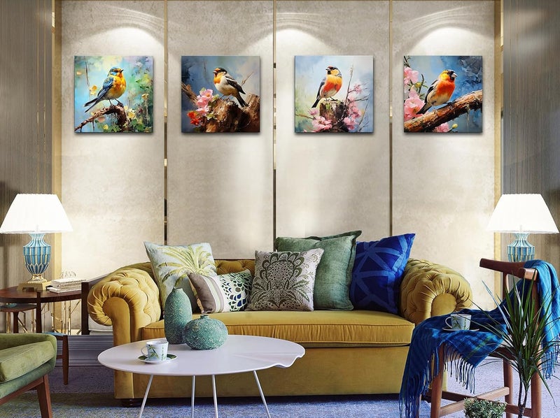 OKEXCKK Canvas Wall Art Paintings of Colorful Birds Sitting on Tree Branch With Flowers for Bedroom Modern Wall Decor Picture Framed Artwork Prints Paintings for Bathroom Kitchen Decorations 12"x12"x4 Pieces - Image 5