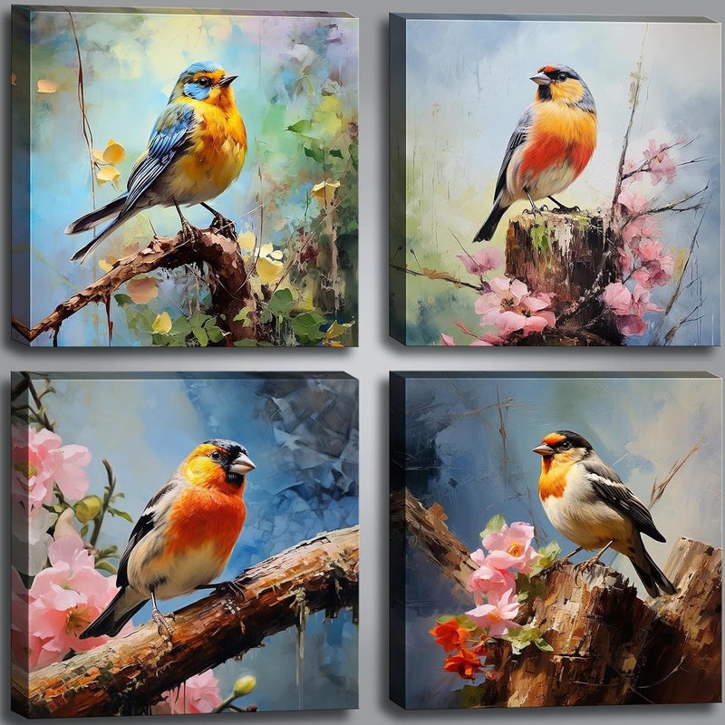 OKEXCKK Canvas Wall Art Paintings of Colorful Birds Sitting on Tree Branch With Flowers for Bedroom Modern Wall Decor Picture Framed Artwork Prints Paintings for Bathroom Kitchen Decorations 12"x12"x4 Pieces - Image 1