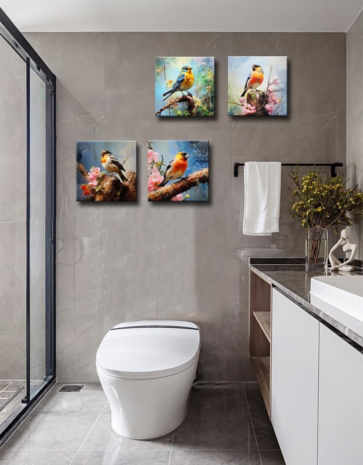 OKEXCKK Canvas Wall Art Paintings of Colorful Birds Sitting on Tree Branch With Flowers for Bedroom Modern Wall Decor Picture Framed Artwork Prints Paintings for Bathroom Kitchen Decorations 12"x12"x4 Pieces - Image 4