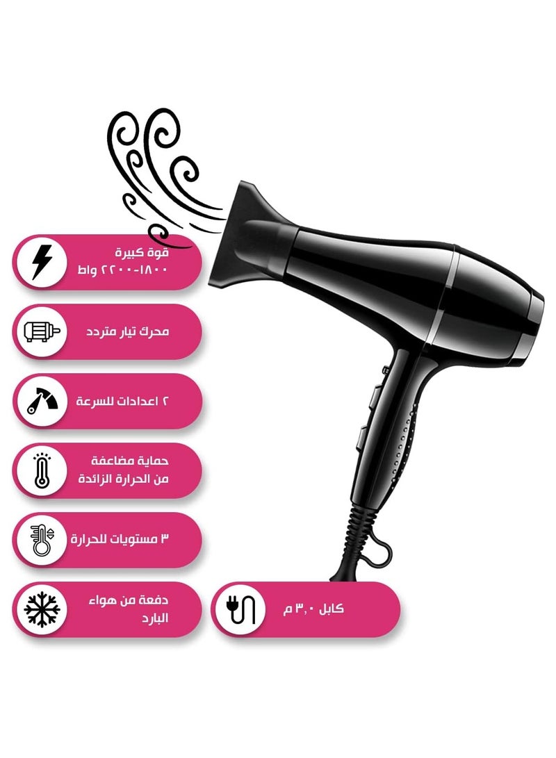 Professional Hair Dryer with 3 Attachments for Men & Women – 1800-2200W Fast-Dry Blow Dryer, Multiple Heat & Speed Settings, Lightweight & Ergonomic - Image 2