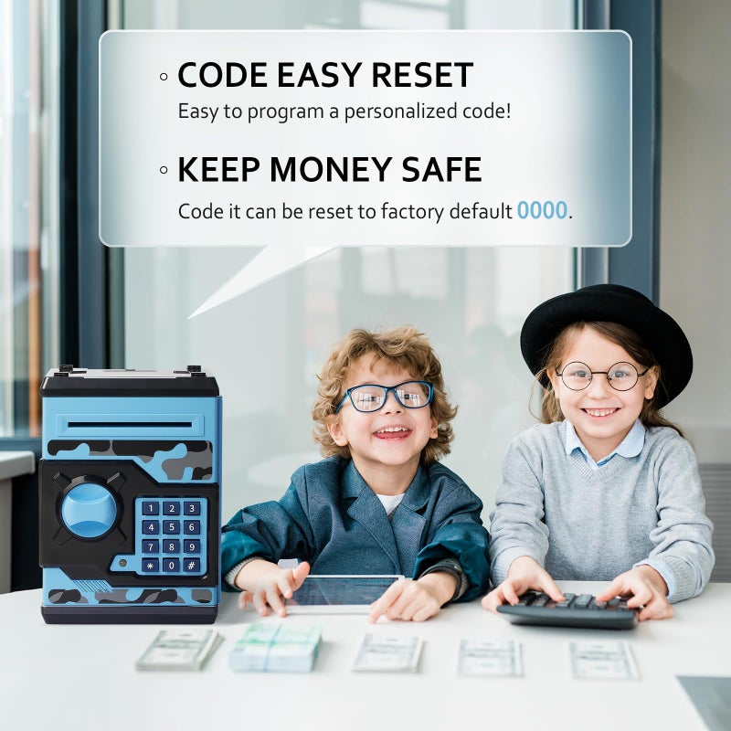 Vcertcpl ATM Piggy Bank for Boys Girls Vcertcpl Mini ATM Coin Bank Money Saving Box with Password Kids Safe Money Jar for Adults with Auto Grab Bill Slot Great Gift Toy Bank for Kids Camouflage BlueGray - Image 3