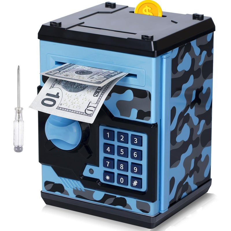 Vcertcpl ATM Piggy Bank for Boys Girls Vcertcpl Mini ATM Coin Bank Money Saving Box with Password Kids Safe Money Jar for Adults with Auto Grab Bill Slot Great Gift Toy Bank for Kids Camouflage BlueGray - Image 2