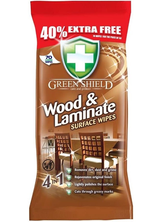 Greenshield Green Shield 4-in-1 Wood & Laminate Surface Cleaning Wipes 70 Large Wipes (40% Extra Free) – Removes Dust, Dirt & Grease, Restores Shine, Gentle Polish for Wooden Furniture, Floors & Cabinets - Image 1