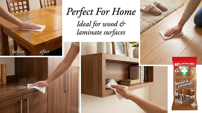Greenshield Green Shield 4-in-1 Wood & Laminate Surface Cleaning Wipes 70 Large Wipes (40% Extra Free) – Removes Dust, Dirt & Grease, Restores Shine, Gentle Polish for Wooden Furniture, Floors & Cabinets - Image 3