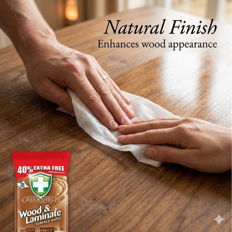 Greenshield Green Shield 4-in-1 Wood & Laminate Surface Cleaning Wipes 70 Large Wipes (40% Extra Free) – Removes Dust, Dirt & Grease, Restores Shine, Gentle Polish for Wooden Furniture, Floors & Cabinets - Image 5