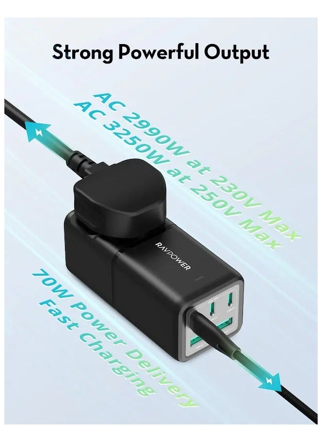 راف باور قاعدة شحن بقوة 75 وات، وثلاثة منافذ من النوع C، ومنفذان USB، ومنفذ طاقة مع قابس سفر متعدد المنافذ - Image 3