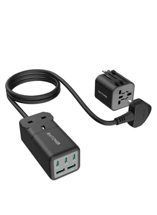 راف باور قاعدة شحن بقوة 75 وات، وثلاثة منافذ من النوع C، ومنفذان USB، ومنفذ طاقة مع قابس سفر متعدد المنافذ - Image 1