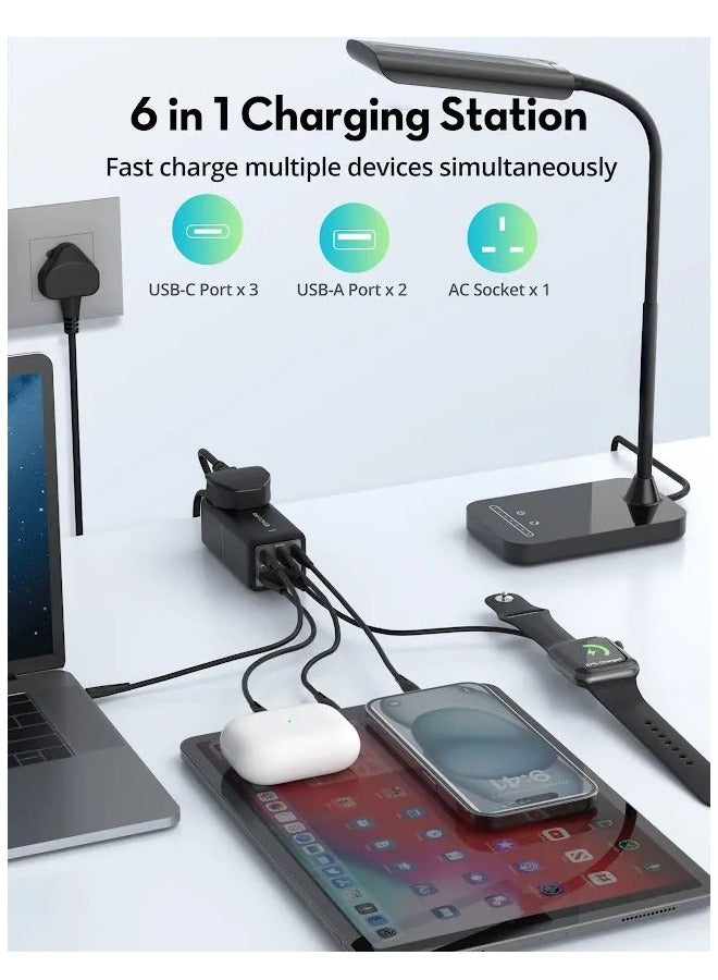 راف باور قاعدة شحن بقوة 75 وات، وثلاثة منافذ من النوع C، ومنفذان USB، ومنفذ طاقة مع قابس سفر متعدد المنافذ - Image 5