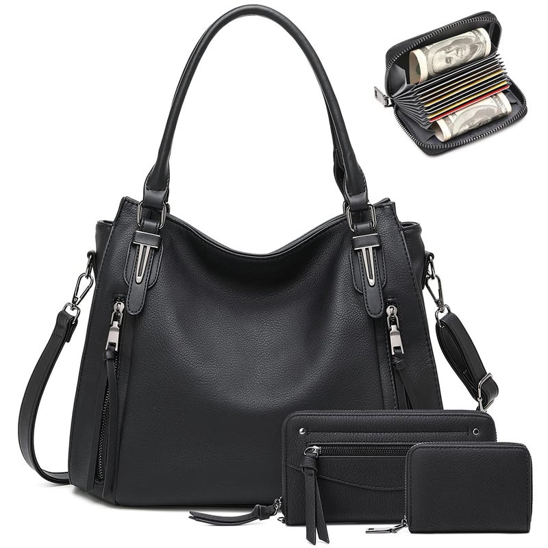 Hobo Handbags for Women Tote Bag Boho Ladies Shoulder Purses Designer Black Handbags Black 3PCS