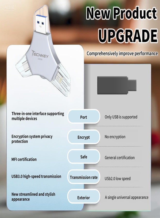 TECHKEY USB 3.0 Flash Drive for iPhone 256GB: MFi Certified 3in1 External Memory Photo Keeper Storage Stick for Picture/Video/Data Saver/Backup High Speed Thumb/Jump/Hard Drive for iPad/Android/PC -Grey - Image 3