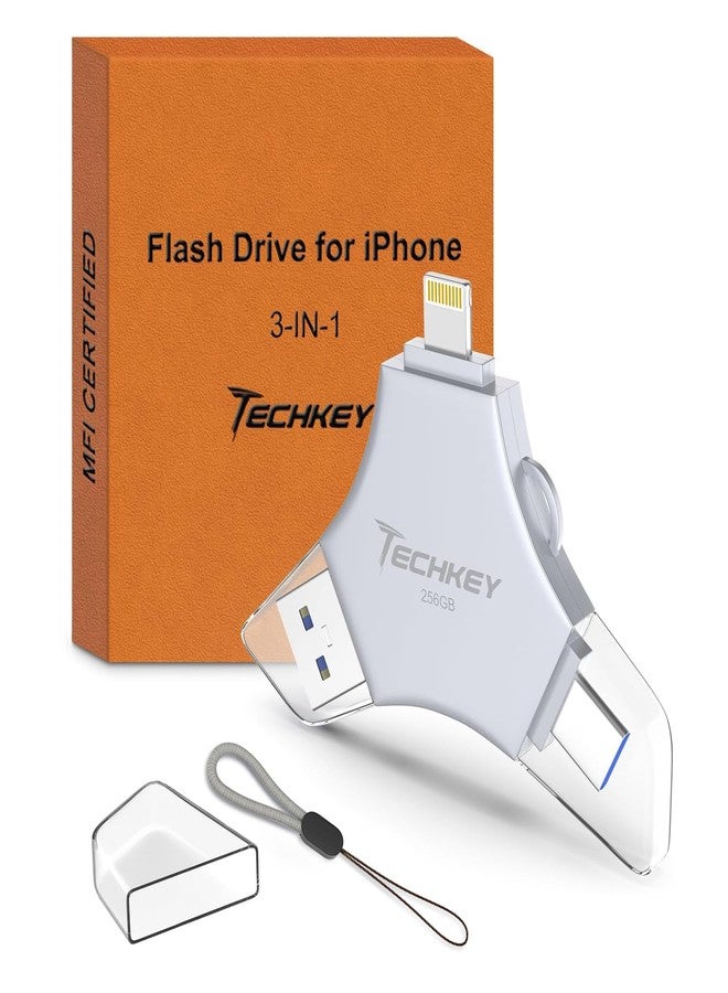 TECHKEY USB 3.0 Flash Drive for iPhone 256GB: MFi Certified 3in1 External Memory Photo Keeper Storage Stick for Picture/Video/Data Saver/Backup High Speed Thumb/Jump/Hard Drive for iPad/Android/PC -Grey - Image 1