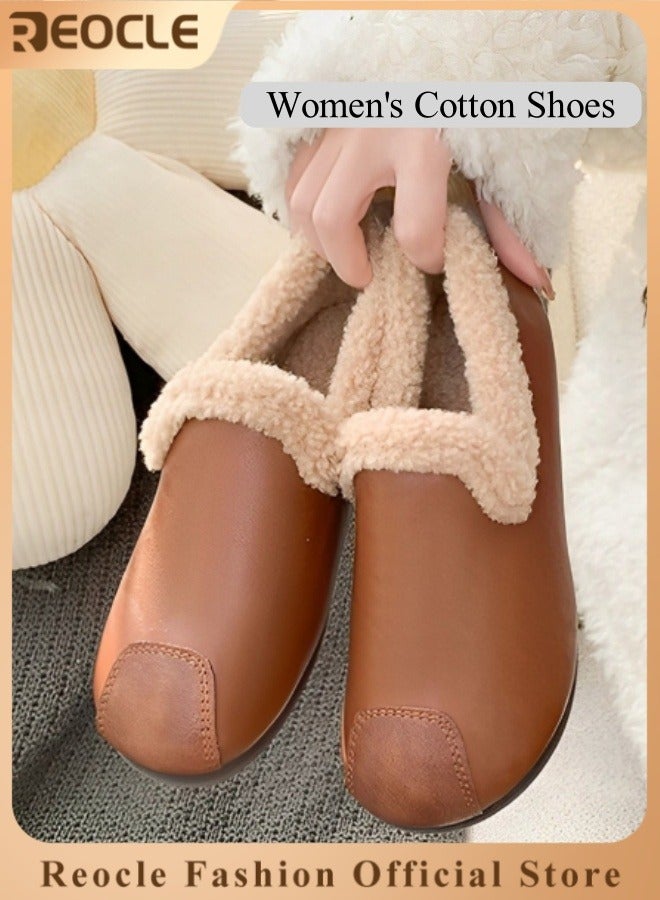 REOCLE Women's Cotton Velvet Shoes Round Toe Moccasins Wild Flats Cozy Slip on House Shoes Winter Mini Boots With Comfy Rubber Sole - Image 1