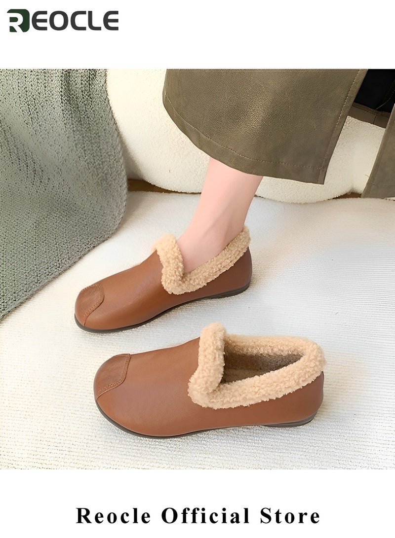 REOCLE Women's Cotton Velvet Shoes Round Toe Moccasins Wild Flats Cozy Slip on House Shoes Winter Mini Boots With Comfy Rubber Sole - Image 3
