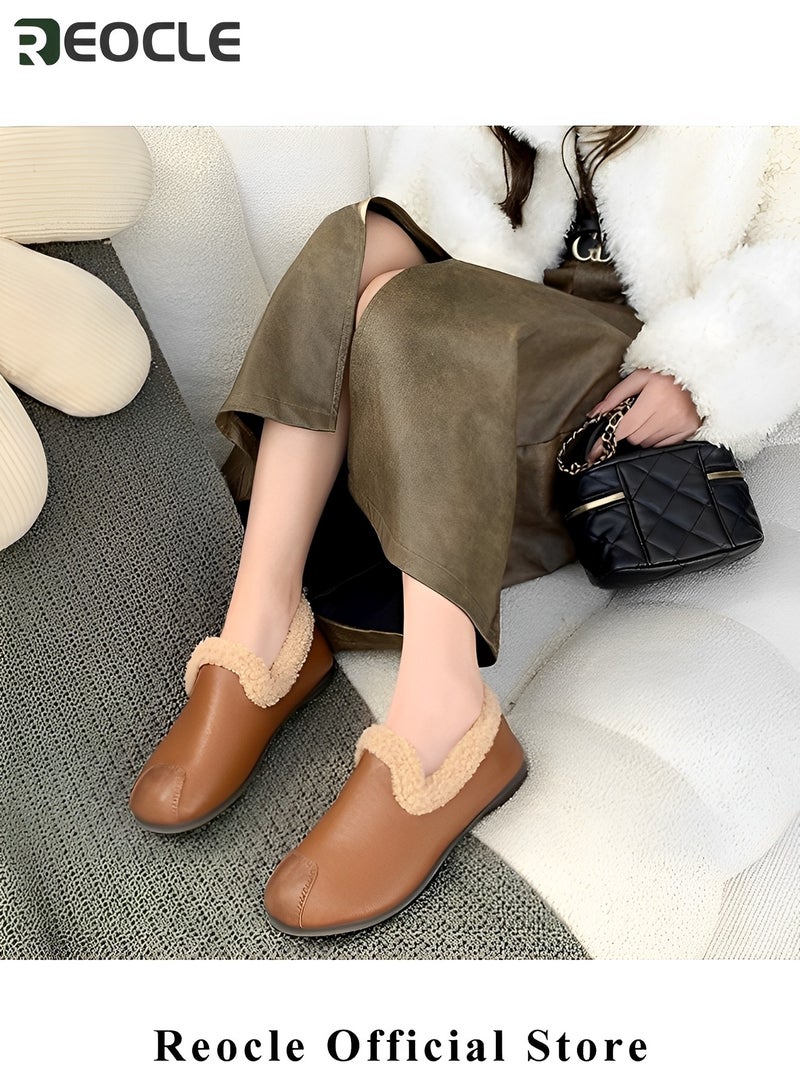 REOCLE Women's Cotton Velvet Shoes Round Toe Moccasins Wild Flats Cozy Slip on House Shoes Winter Mini Boots With Comfy Rubber Sole - Image 4