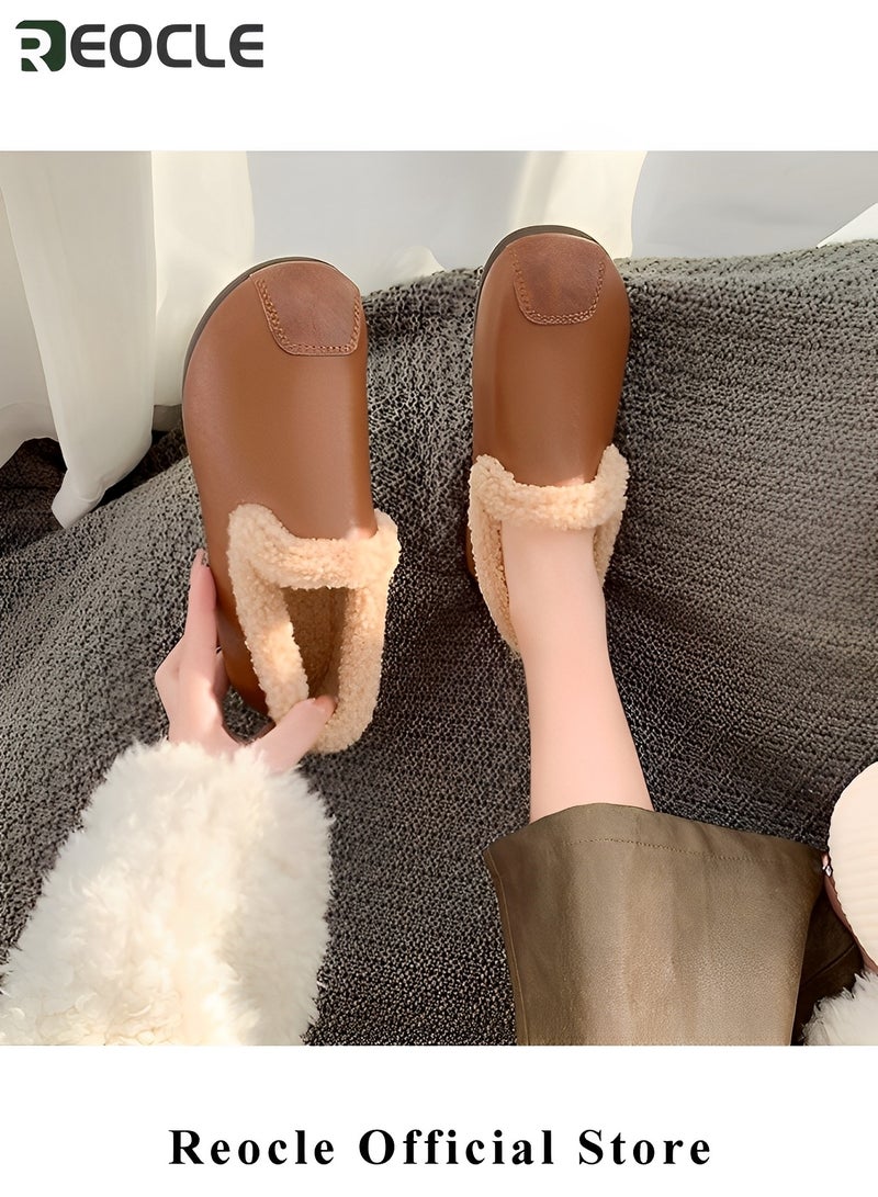 REOCLE Women's Cotton Velvet Shoes Round Toe Moccasins Wild Flats Cozy Slip on House Shoes Winter Mini Boots With Comfy Rubber Sole - Image 2